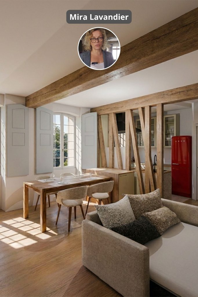 Exemple de séparation sans cloison dans une maison ancienne de caractère : la structure bois d'une ancienne cloisons ets préservée sans le remplissage